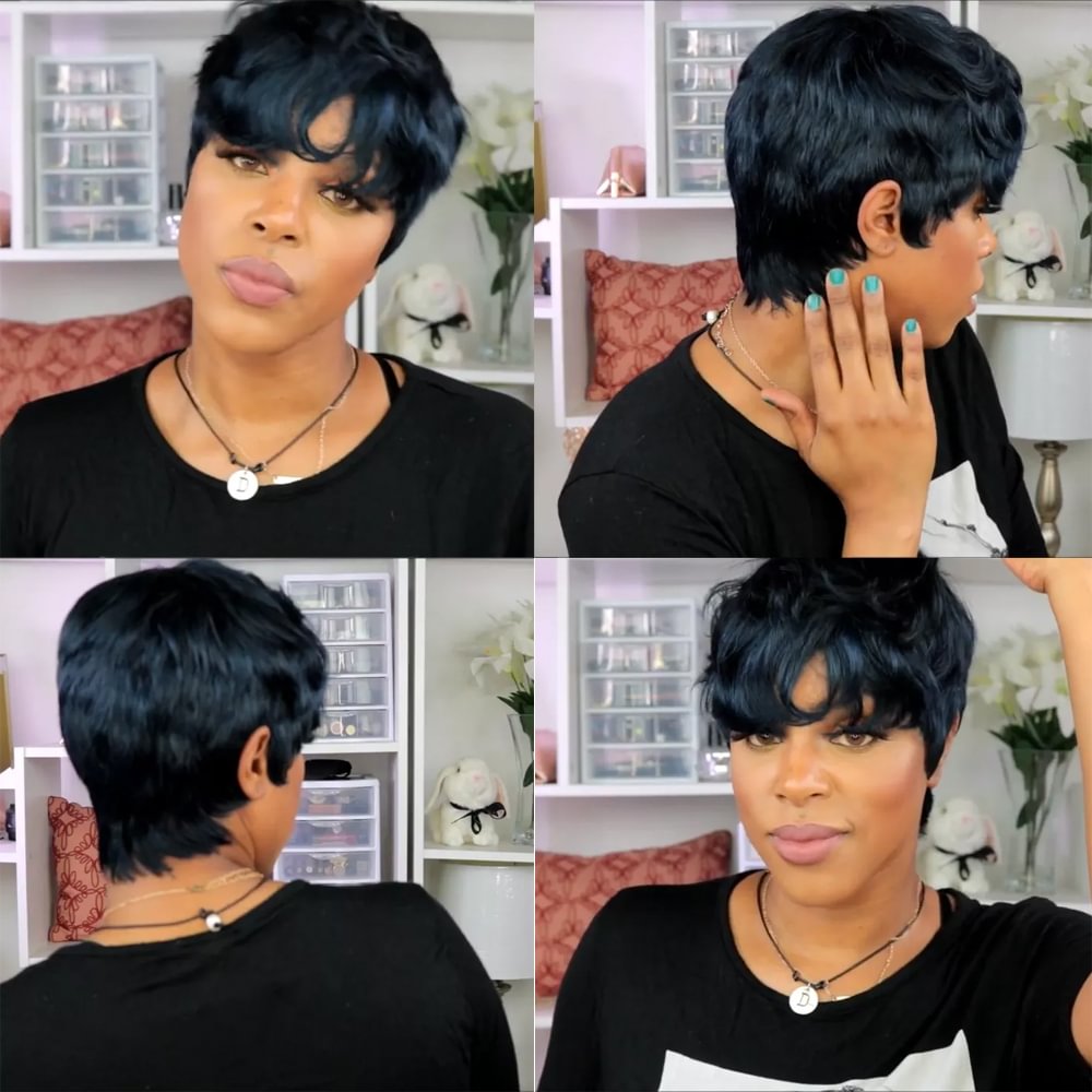 🔥Hot| Deep Blue Bob Boycut Short Hair Glueless Lace Front Pixie Cut Wigs with Bangs US Mall Lifes