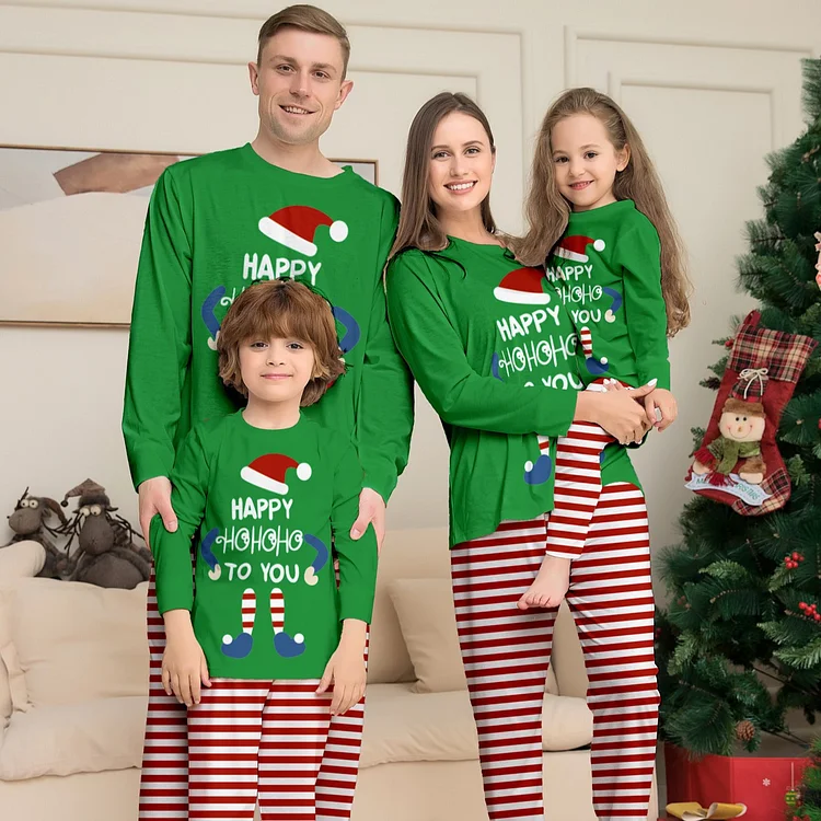 Happy HoHoHo To You Christmas Stripes Family Matching Pajamas Set