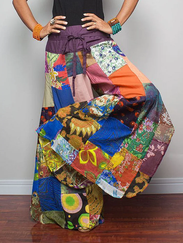 Casual Patchwork Print Drawstring Loose Wide Leg Pants