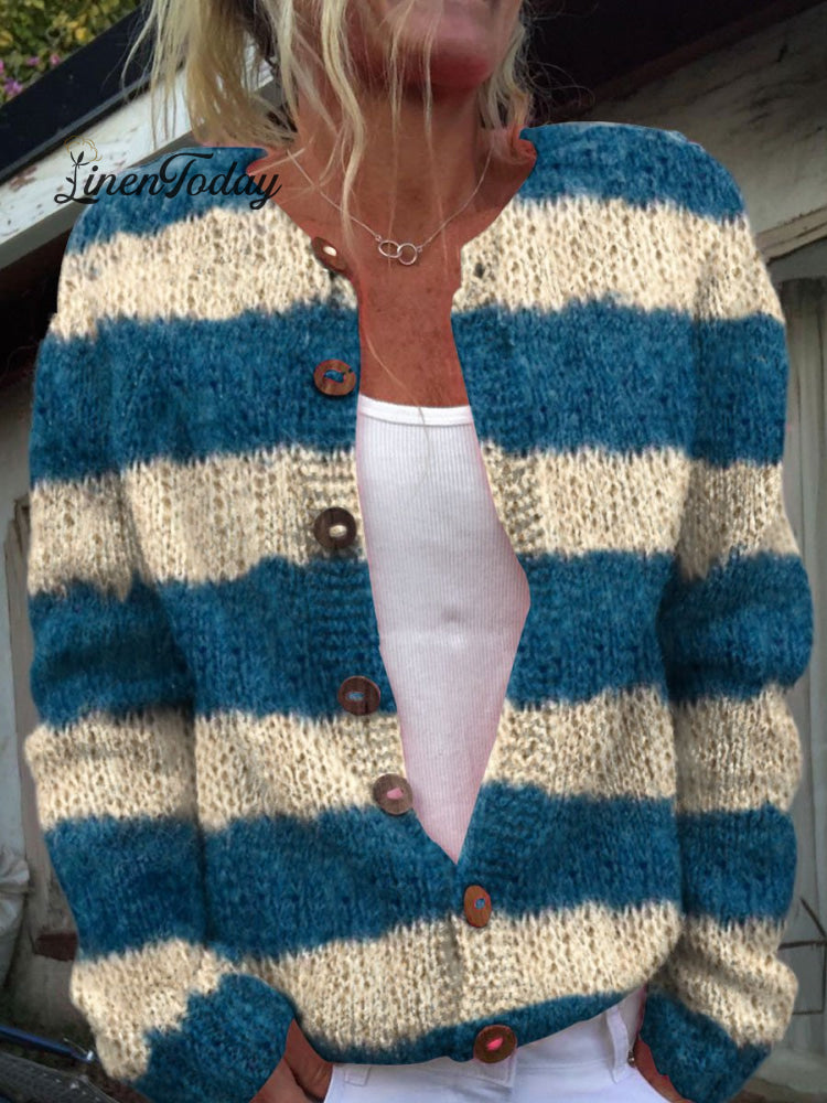Striped Colour Block Print Buttoned Cardigan Sweater Multicolor / S