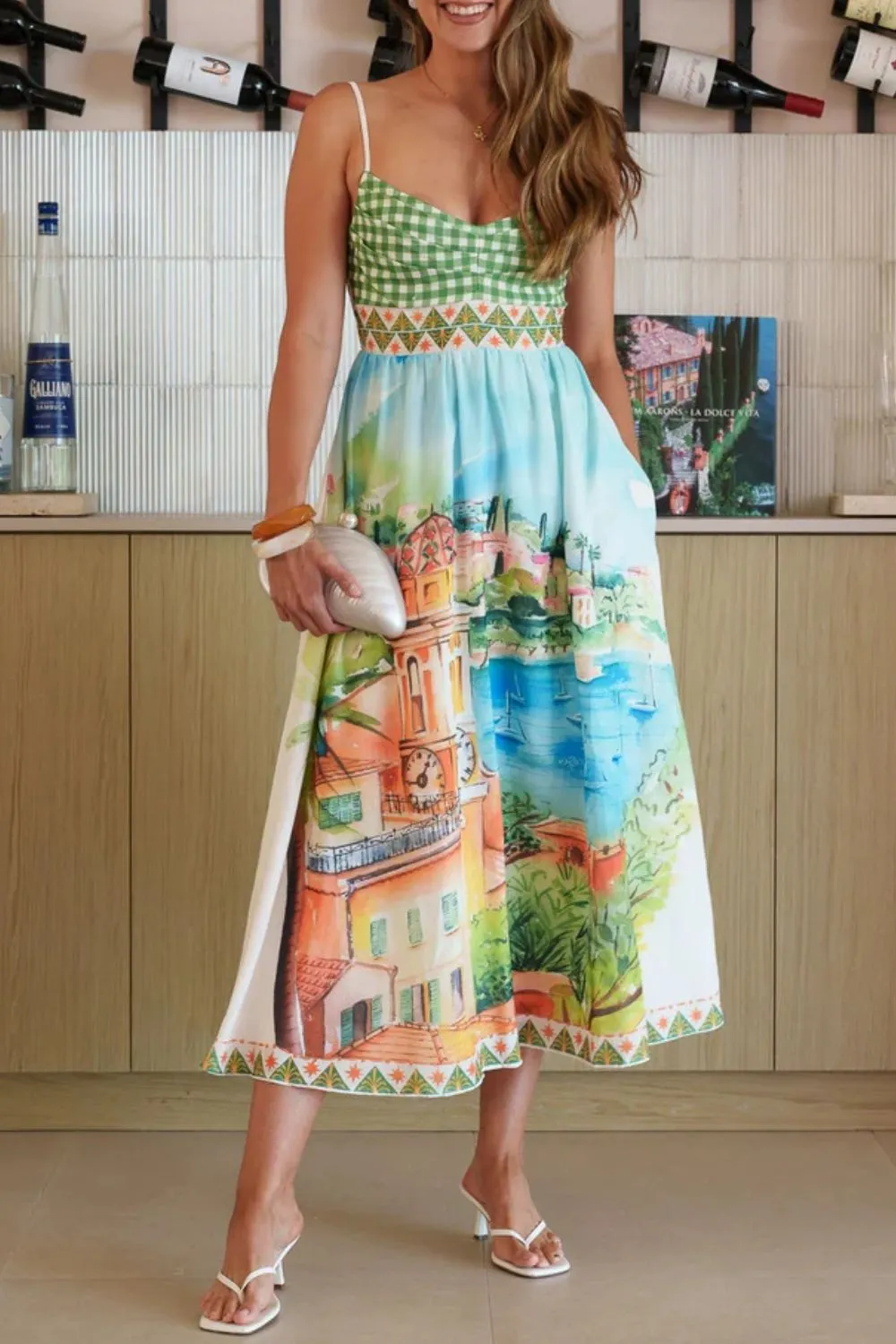 Gingham Bodice Scenic Print Midi Dress mysite idetrend