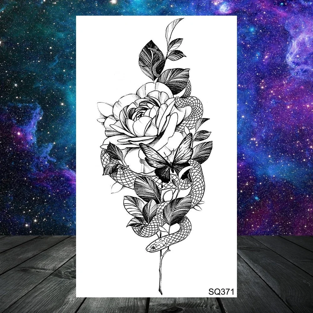 Realistic Rose Flower Snake Temporary Tattoos For Women Adult Skull Peony Lips Sword Tree Fake Tattoo Neck Arm Hands Small Tatoo