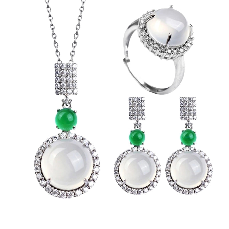 Temperament Fashion Natural Chalcedony Earring Ring Pendant Necklace Jewelry Set High Ice Complete Jade Three-piece Set