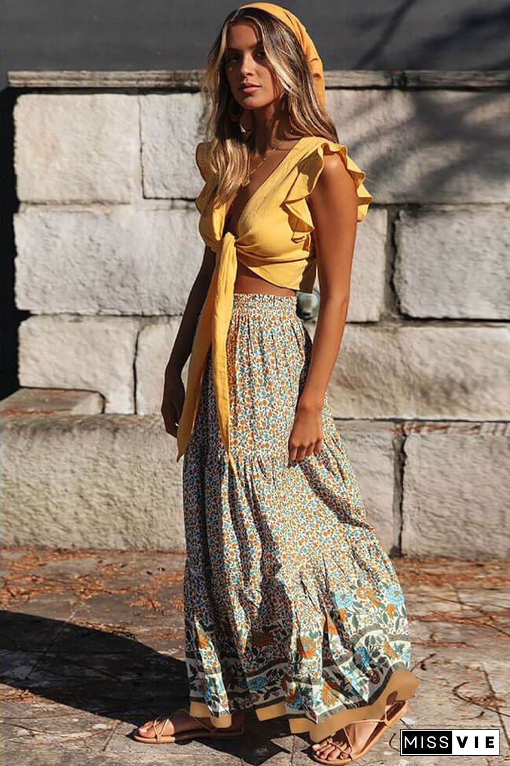 Boho Ditsy Floral High Waist Beach Maxi Skirt