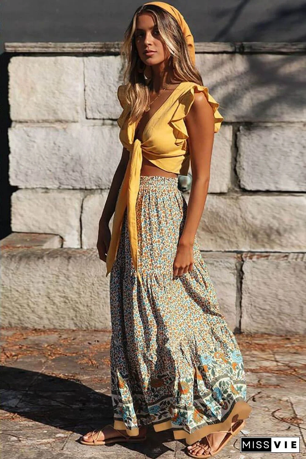 Boho Ditsy Floral High Waist Beach Maxi Skirt