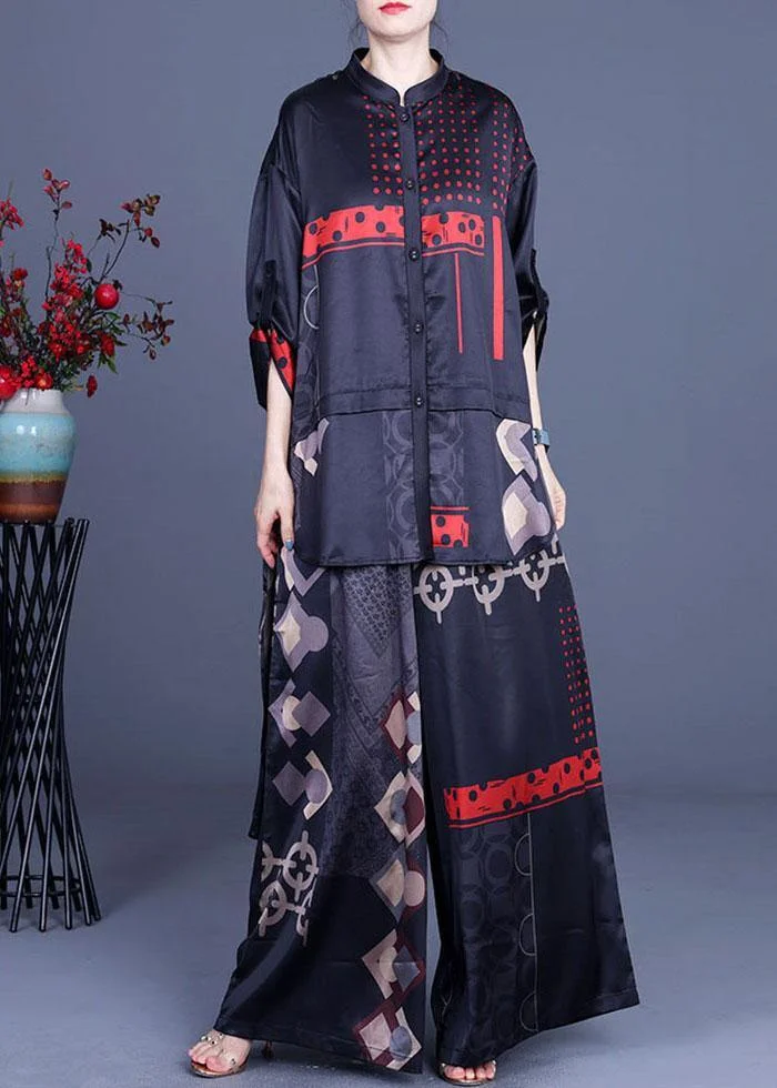 Casual Black Print Silk Low high design Wide Leg Women Two Pieces Sets