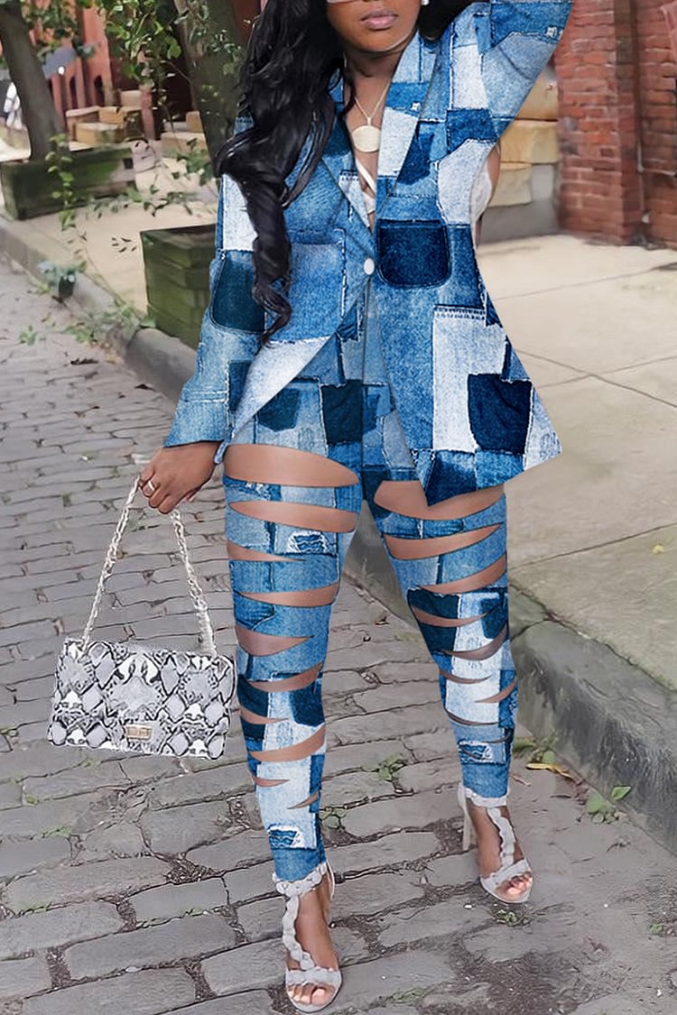 Xpluswear Plus Size Daily Blue Colorblock All Over Print Hollow Out Long Sleeves Blazers Sets [Pre-Order]