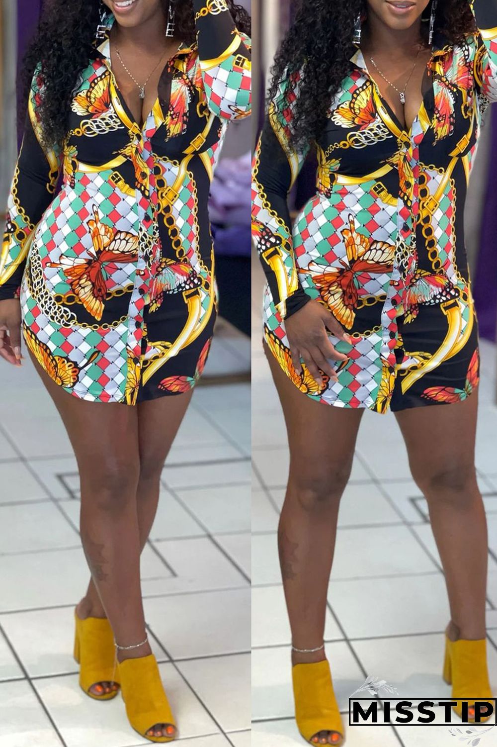 Black Fashion Casual Print Basic Turndown Collar Long Sleeve Dresses