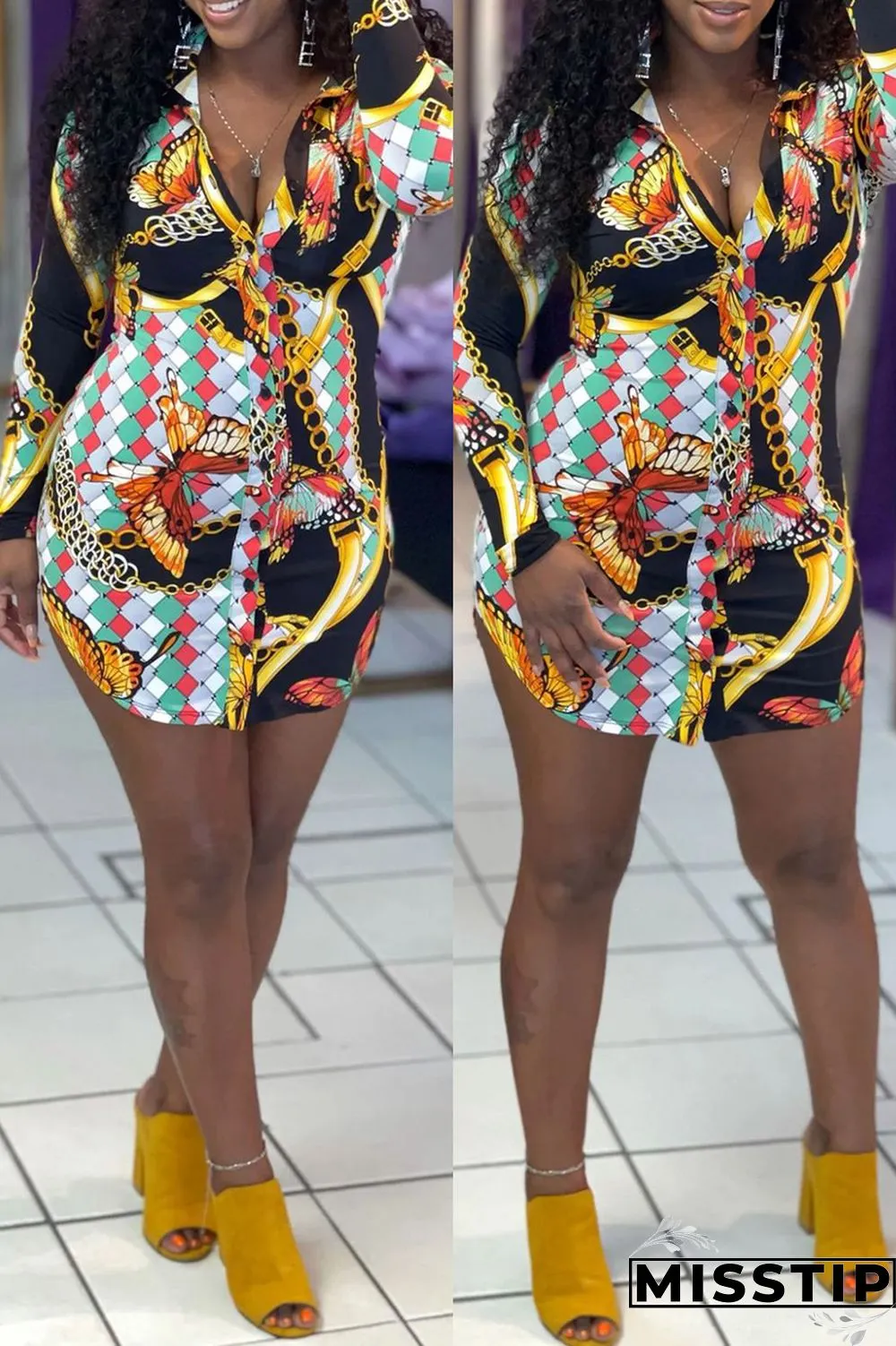 Black Fashion Casual Print Basic Turndown Collar Long Sleeve Dresses