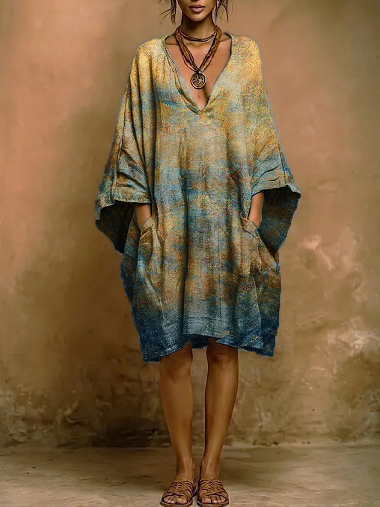 Bohemian-style Ombr&eacute; Art Print Cotton-linen Dress