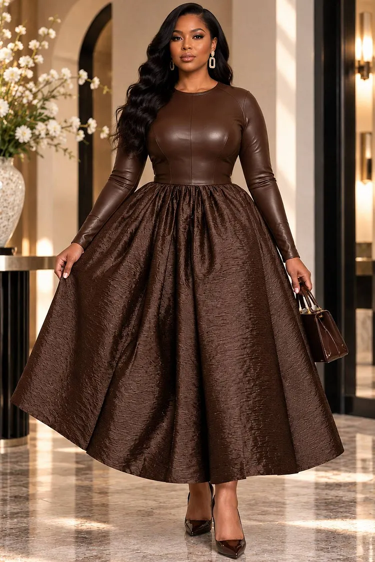 Xpluswear Design Plus Size Cocktail Party Brown Round Neck Long Sleeve Pocket Contrast PU Leather Midi Dresses [Pre-Order] 2024 - Xpluswear