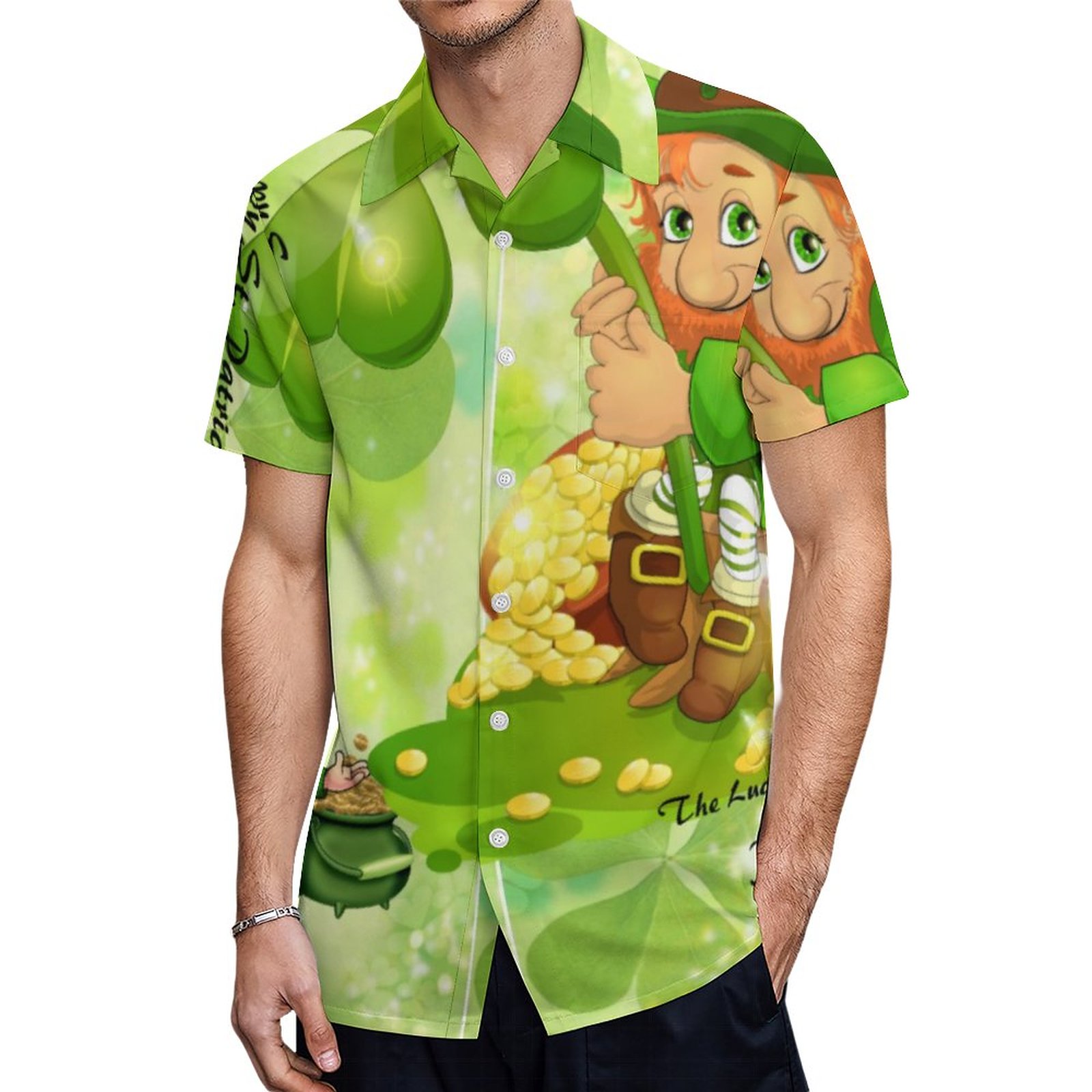 St Patricks Day Leprechaun Green Shamrocks Hawaiian Shirt Mens Button Down Tropical Hawaii Beach Shirts