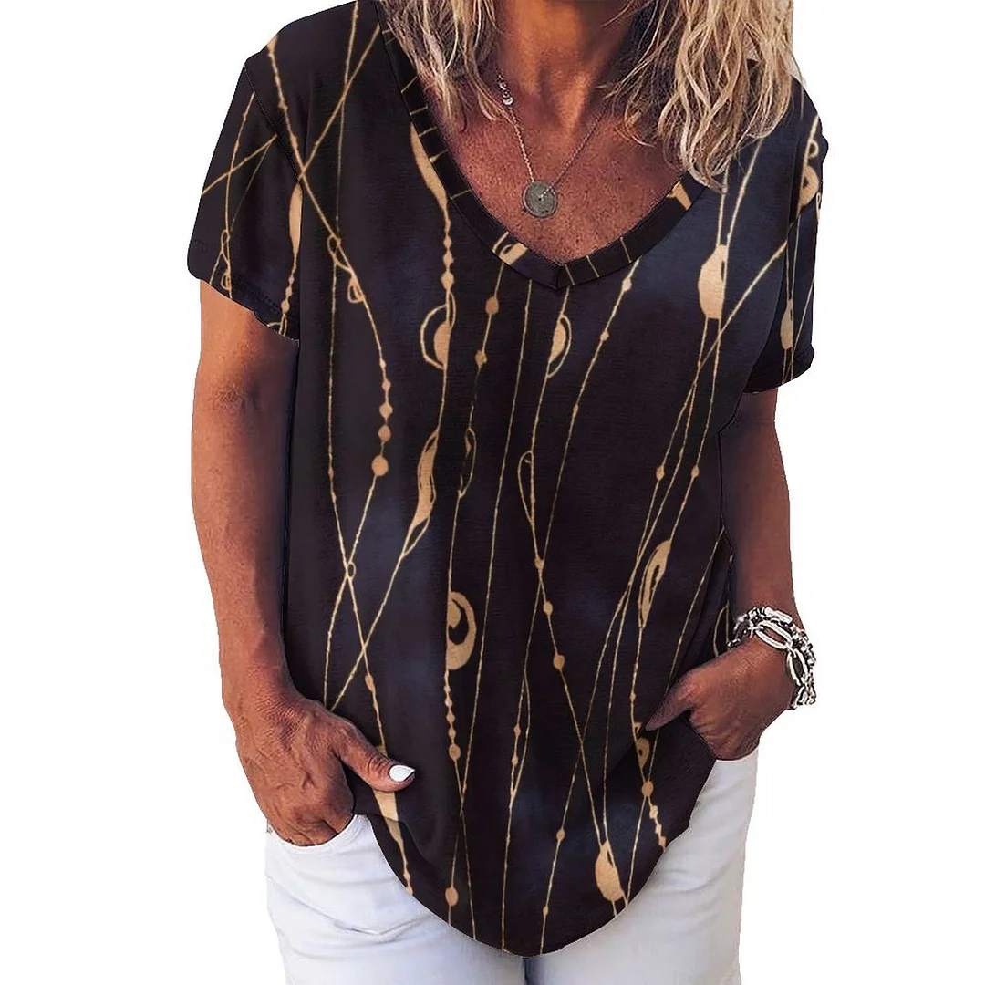 V-neck Short Sleeve Casual T-shirt for  Women Printed with Pattern Glitter, Golden, Black