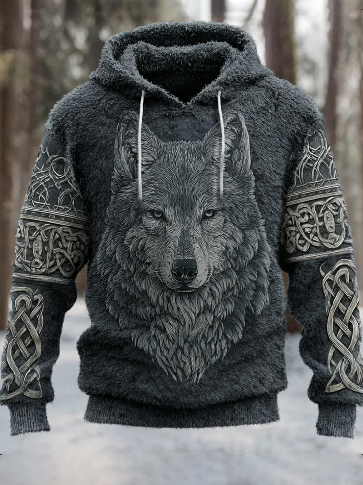 Men's Viking Style Wolf Totem Celtic Knot Embroidery Flannel Hoodie Sweatshirt