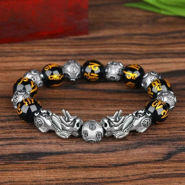 Handcrafted Silver Double Pixiu Buddhist Mantra Feng Shui Bracelet