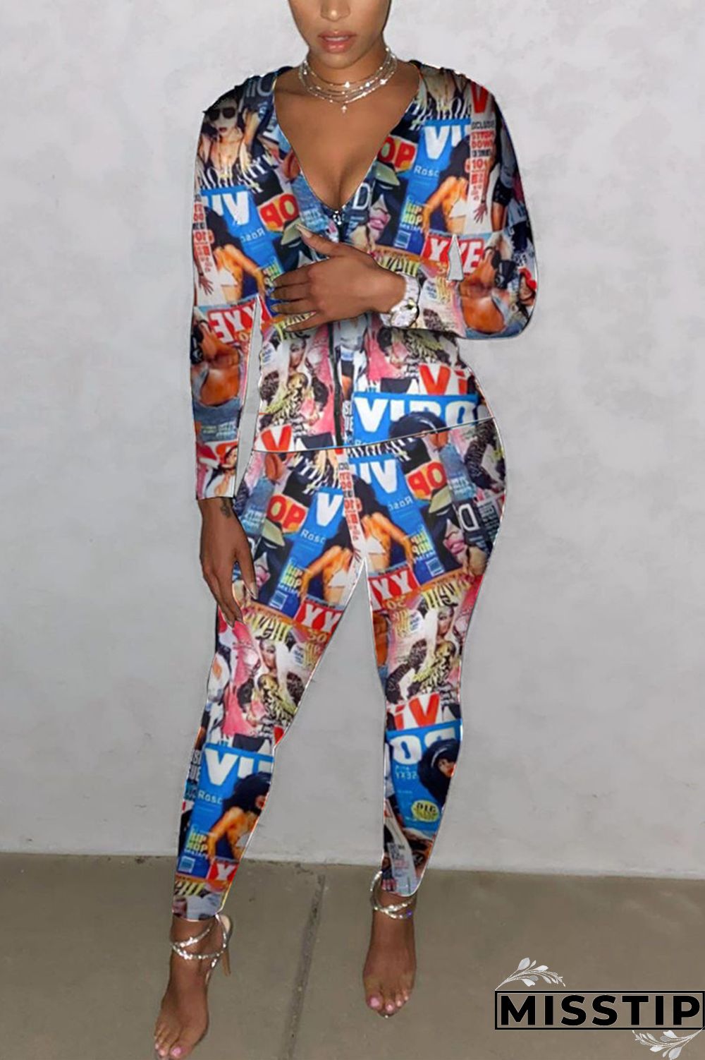 Multi Fashion Casual Long Sleeve Zipper Collar Regular Sleeve Regular Print Two Pieces