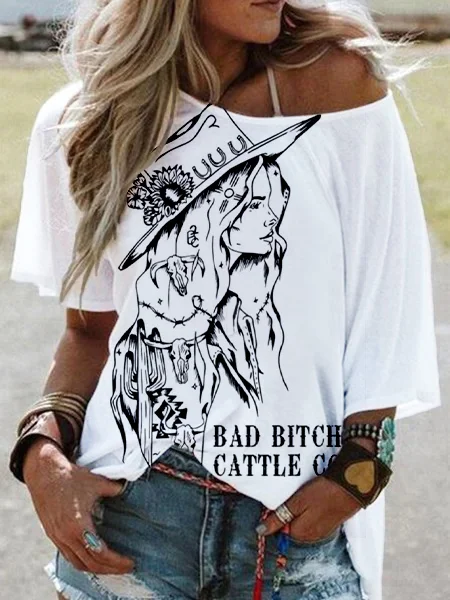 Women's Round Neck White Print T-shirt