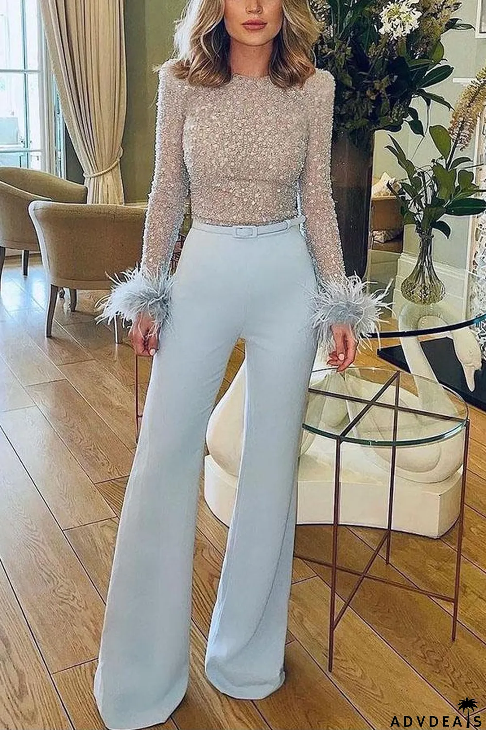 Ready for Vegas Feather Detail Trim Sequin Jumpsuit