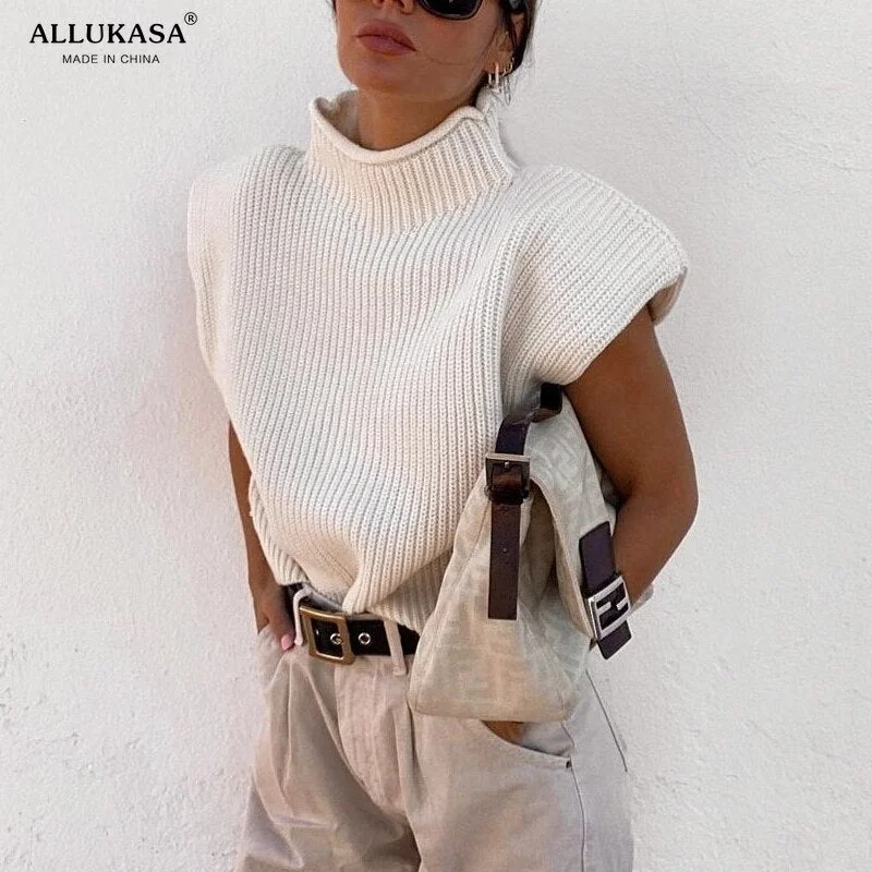 Vest Sweater Turtleneck Sleeveless Women 2020 With Shoulder Pads Knitted Pullover Autumn Winter Jumper Casual Tops Fashion