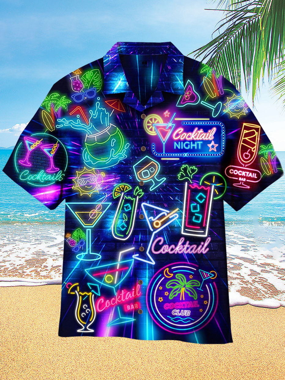 Neon Cocktail Night Party Hawaii Vacation Men's Short Sleeve Cuban Collar Shirt PLUSCLOTHESMAN