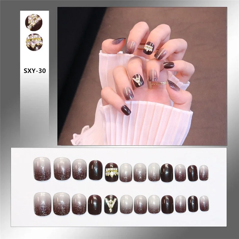 24pcs/box Wearable Finger Fake Nails press on Blue Grey Aurora Effect short size full cover Summer Patch  fake Fingernail tips-Nail Inspo