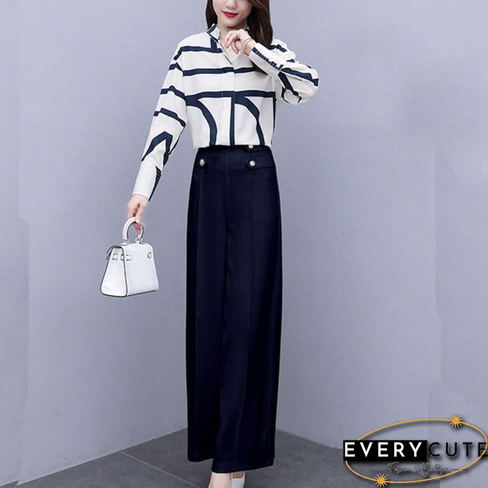 Autumn Fashion Office Two Piece Set Outfits Women Striped Chiffon Shirt Wide Leg Pants
