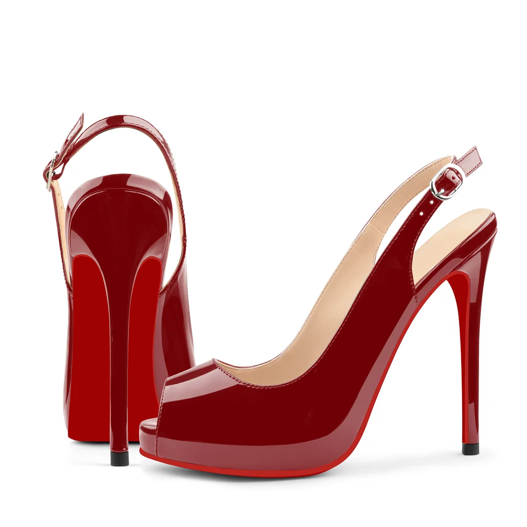 120mm Red Bottom Elastic Strap Slingback Sandals Peep Toe Platform Stilettos Black Patent Heels-MERUMOTE
