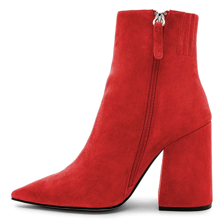 Red Suede Pointy Toe Block Heel Ankle Booties |FSJ Shoes