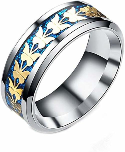 Women's Or Men's Butterfly Tungsten Carbide Wedding Band Matching Rings,Silver Steel Ring with Butterflies over Blue Sandy Inlay With Mens And Womens For Width 4MM 6MM 8MM 10MM