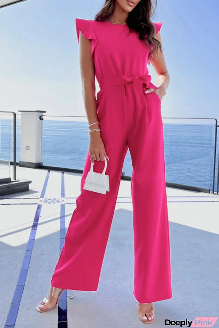 Rose Flutter Sleeves Belted Wide Leg Jumpsuit