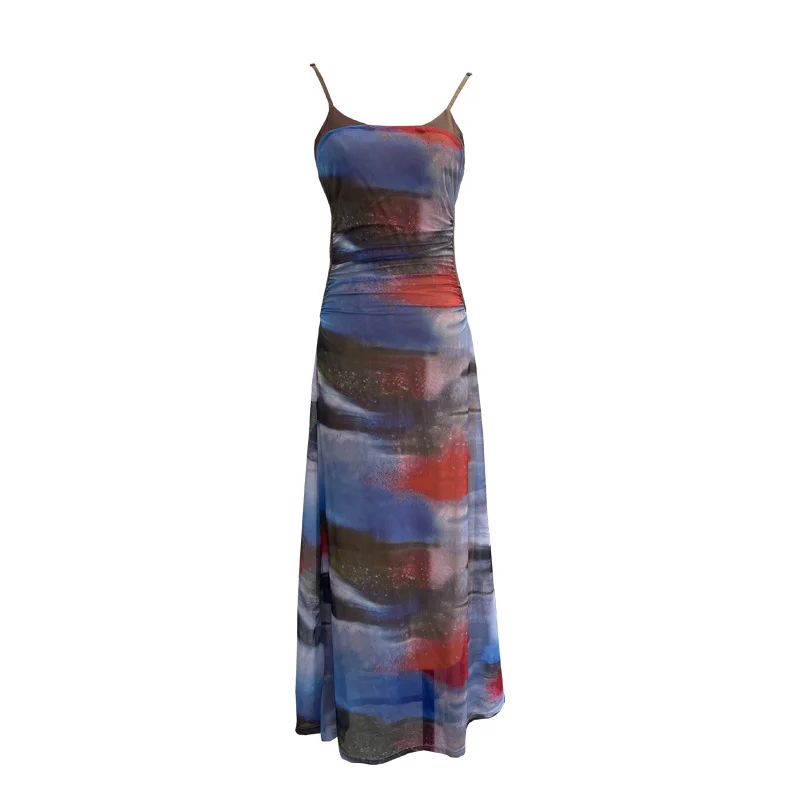Uveng Sexy Tie-Dye Print Dress Waist Folded Folded Black Back Mesh Slings Long Skirt 888825