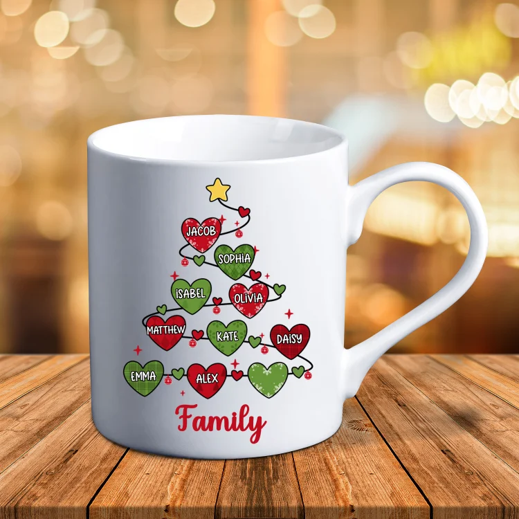 Personalized Family Christmas Tree Heart Mug With 1-10 Names-Christmas Birthday Gift Ceramic Coffee Mug