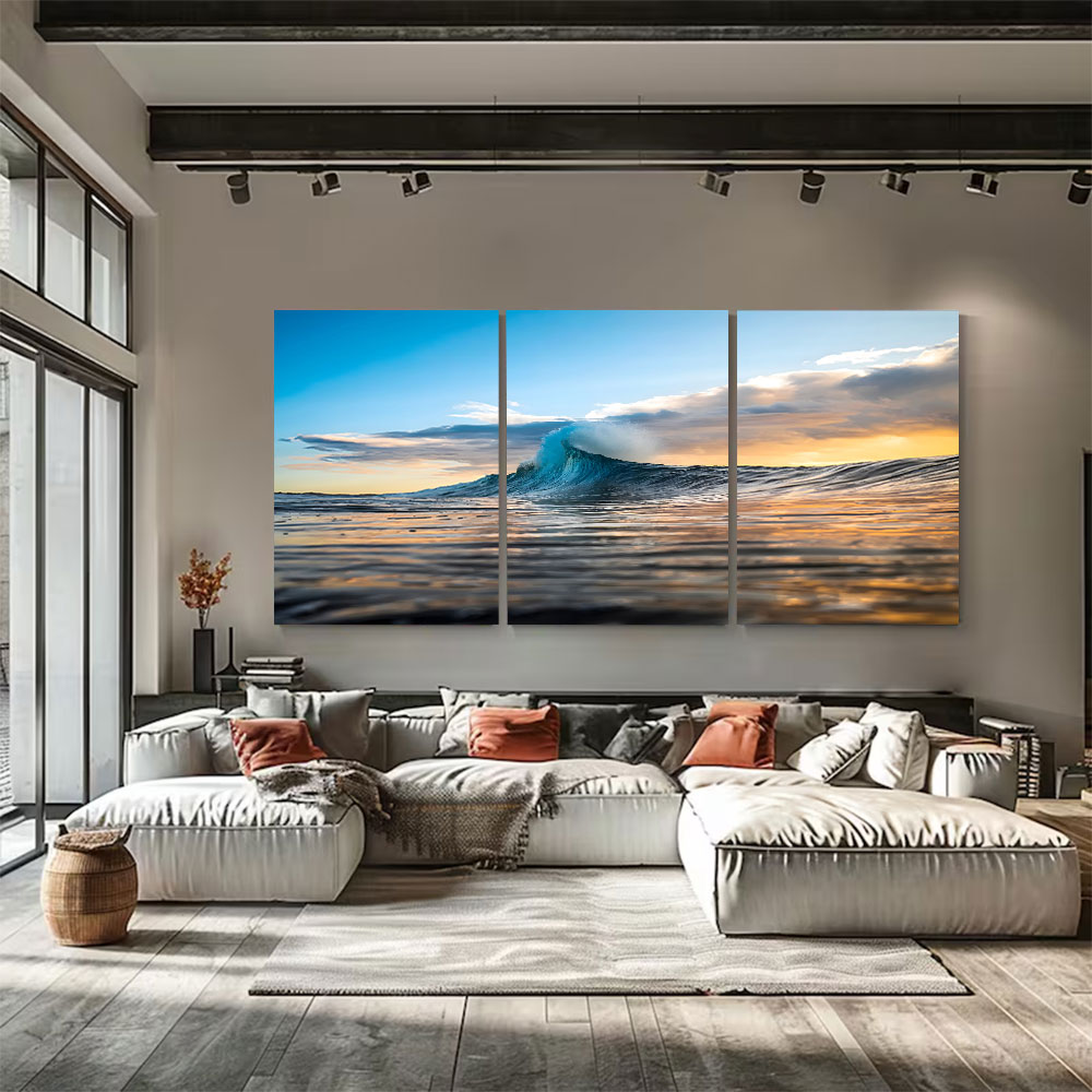 3-Piece Set Rolling Ocean Wave At Sunset Canvas Art