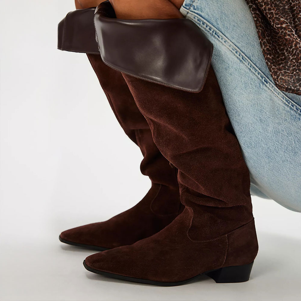 Brown Foldable Toplines Square Toe Low Heel Zipper Over the Knee Boots Nicepairs