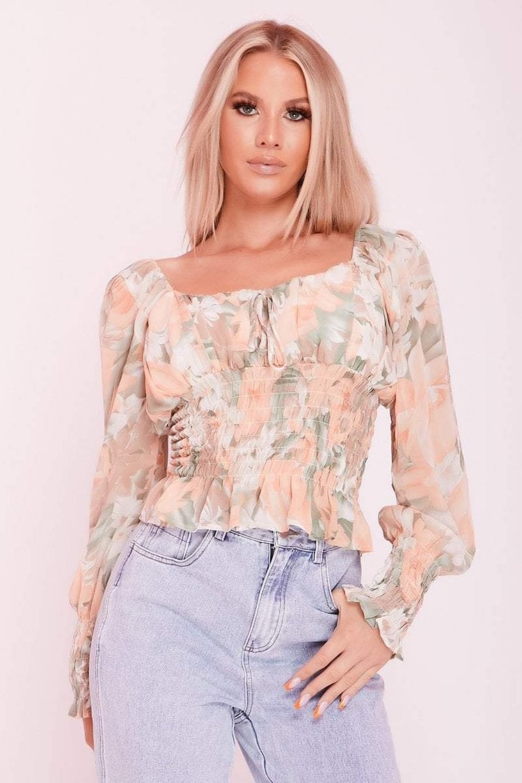 Mint Floral Print Shirred Square Neck Top- Willow Katch Me