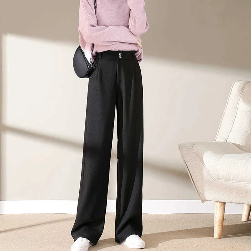 Jangj Autumn Winter Women's Woolen High Waist Solid Straight Trousers Female Korean Fashion Casual Office Wide Leg Long Pants