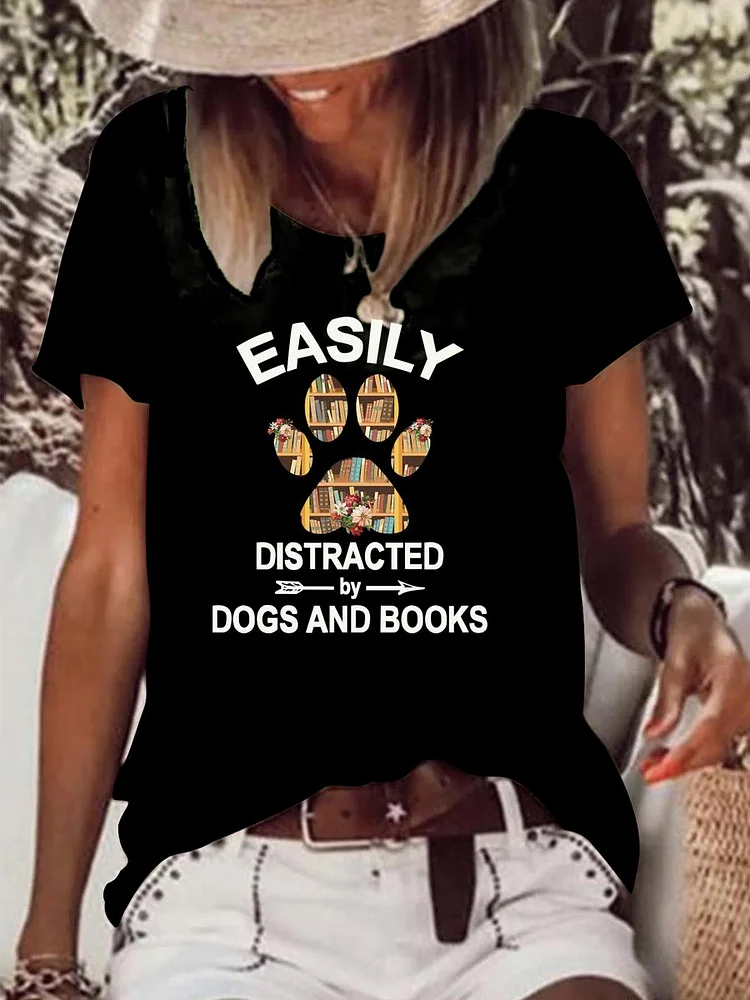 Easily Distracted By Dogs And Books Raw Hem Tee-Annaletters