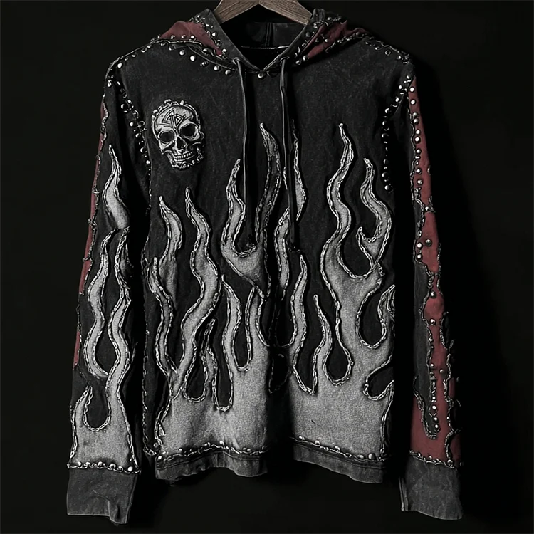 Men's Skull & Contrast Flame Rock Studded Washed Hoodie