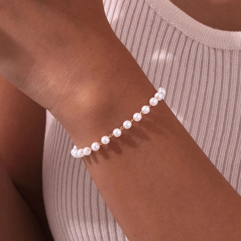 Vintage Style Minimalist Pearl 201 Stainless Steel Beaded Chain Bracelets In Bulk Stainless Steel Bracelets