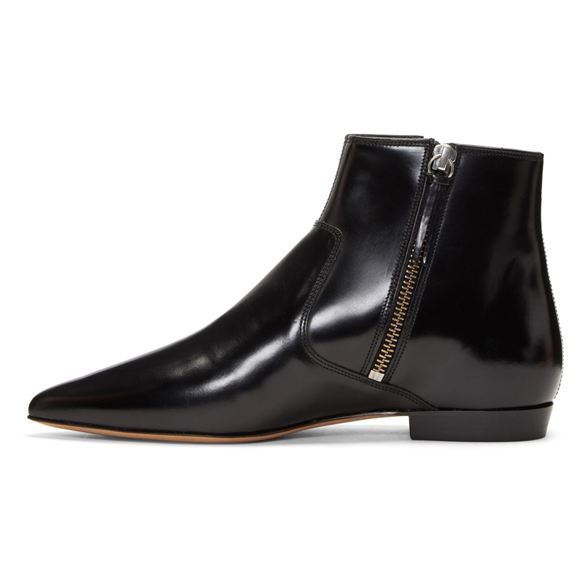 Full Black Pointed Toe Double Zipper Flat Ankle Boots Nicepairs