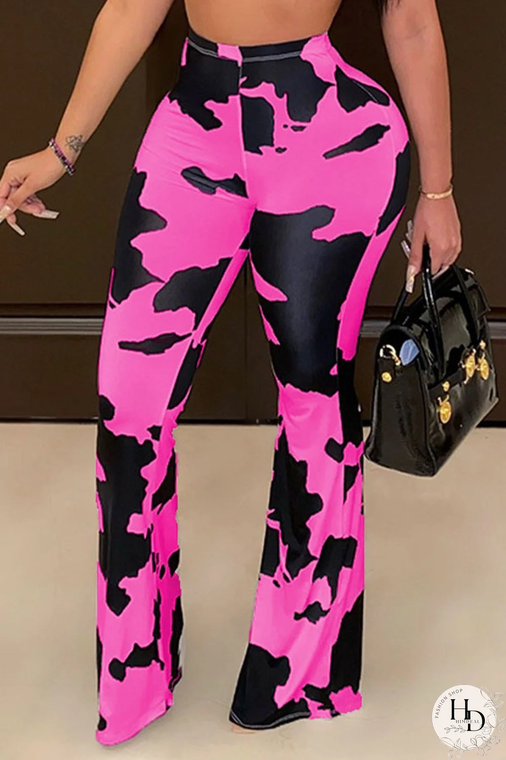 Pink Elastic Fly Mid Print Boot Cut Pants Bottoms