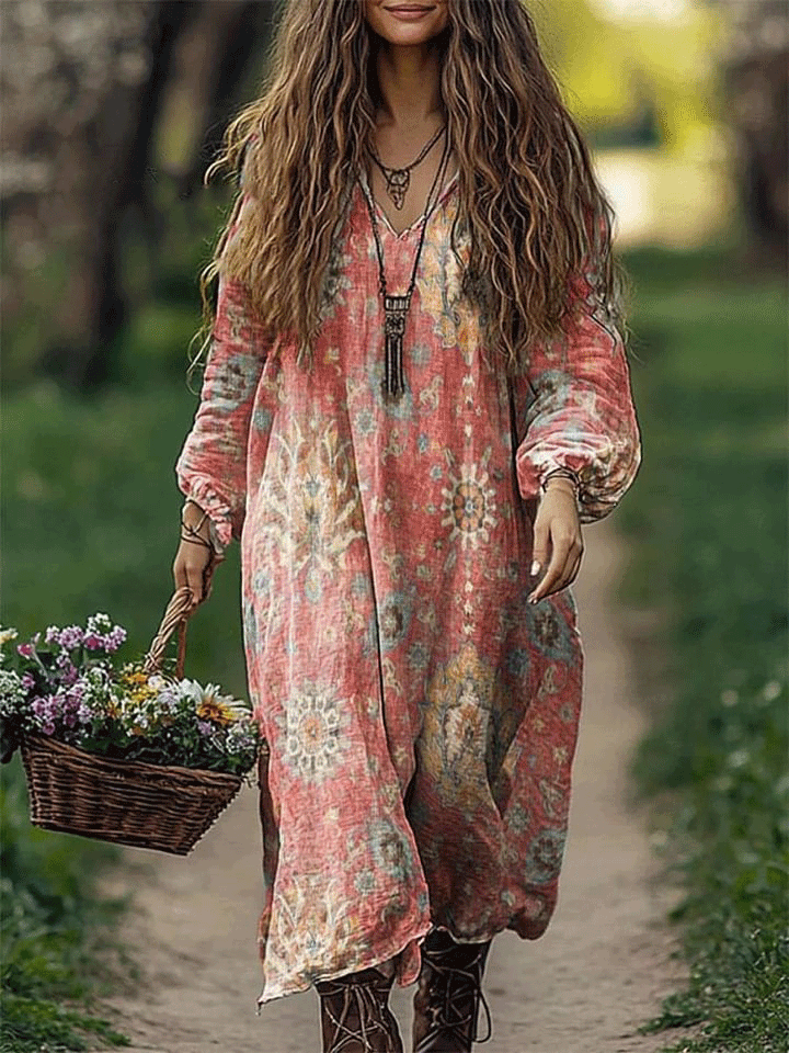 Women's Retro Ethnic Art Print Loose V Neck Pocket Cotton Dress