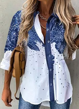 Color Block Collar Long Sleeve Blouses