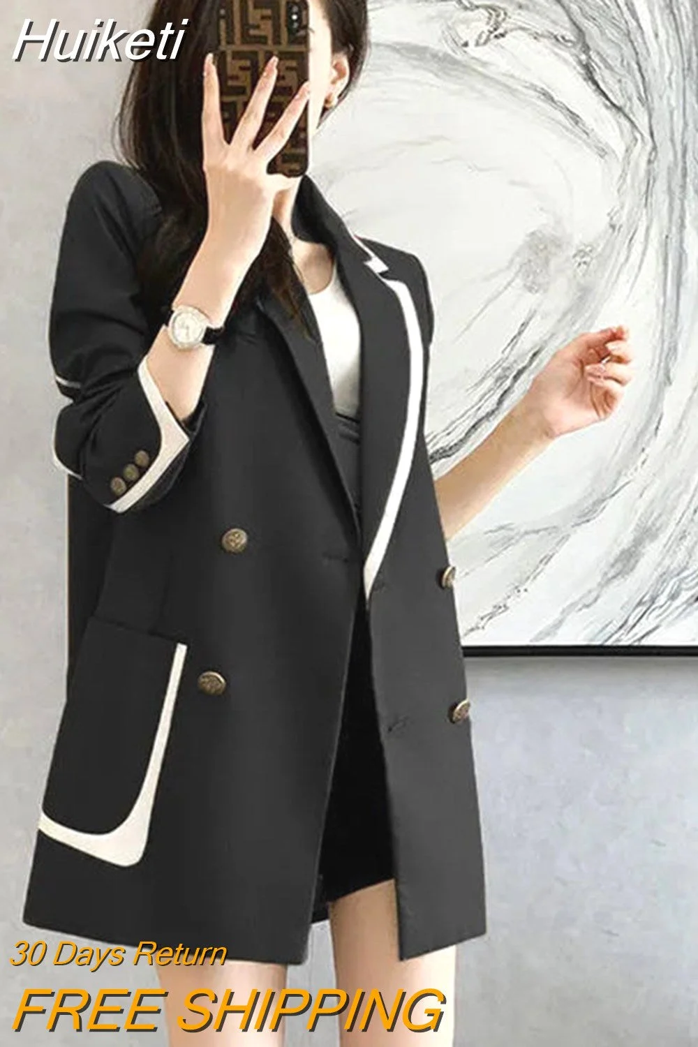 Huiketi Spring Autumn New Women's Blazer Korean Loose Double Breasted Color Matching Suit Coat Fashion Long Sleeve Female Jacket