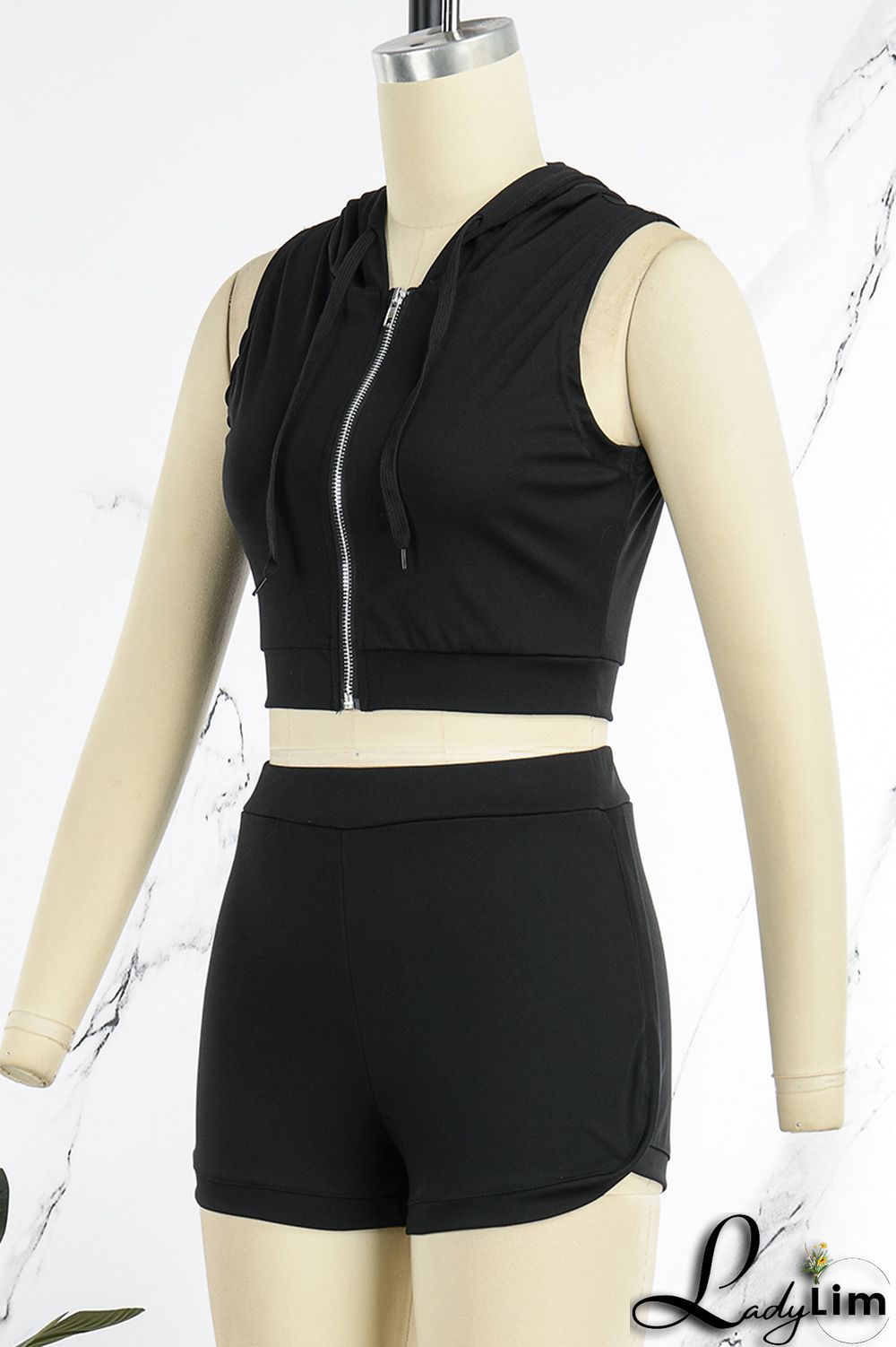 Black Casual Solid Basic Hooded Collar Sleeveless Two Pieces