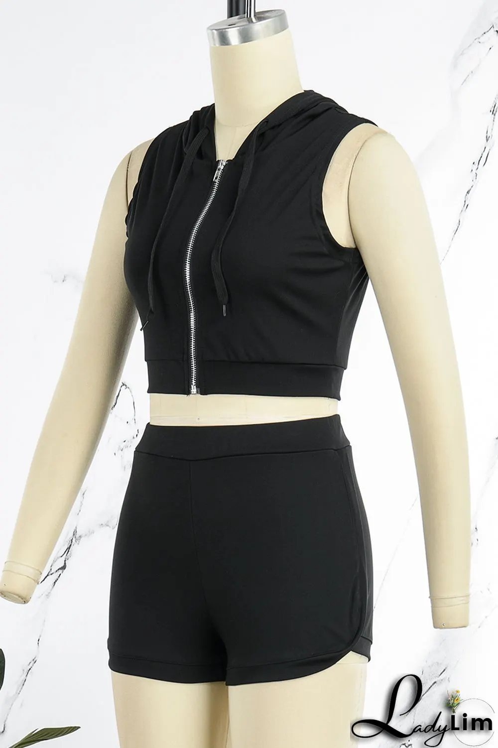 Black Casual Solid Basic Hooded Collar Sleeveless Two Pieces
