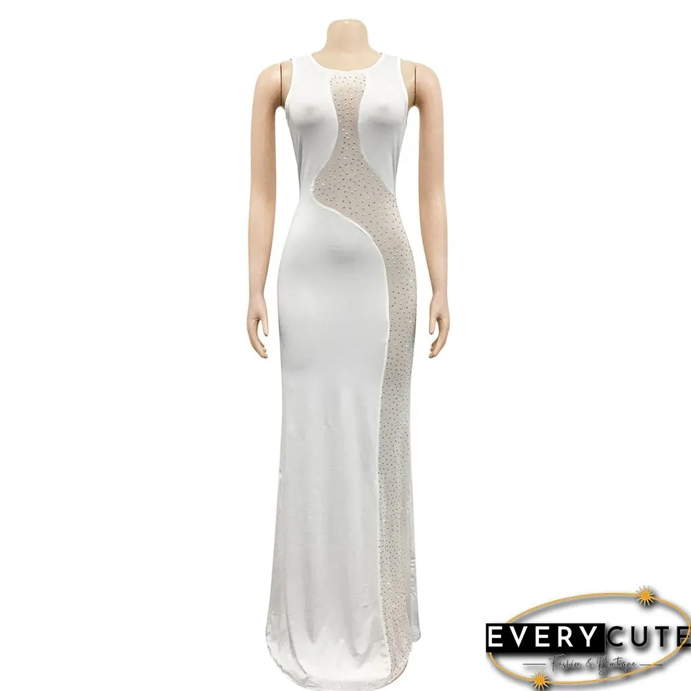 White Rhinestones Mesh Sleeveless Maxi Dress