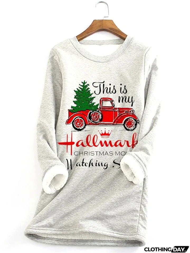 Warm Thick Faux Fleece Lining Christmas Car Print Sweatshirt