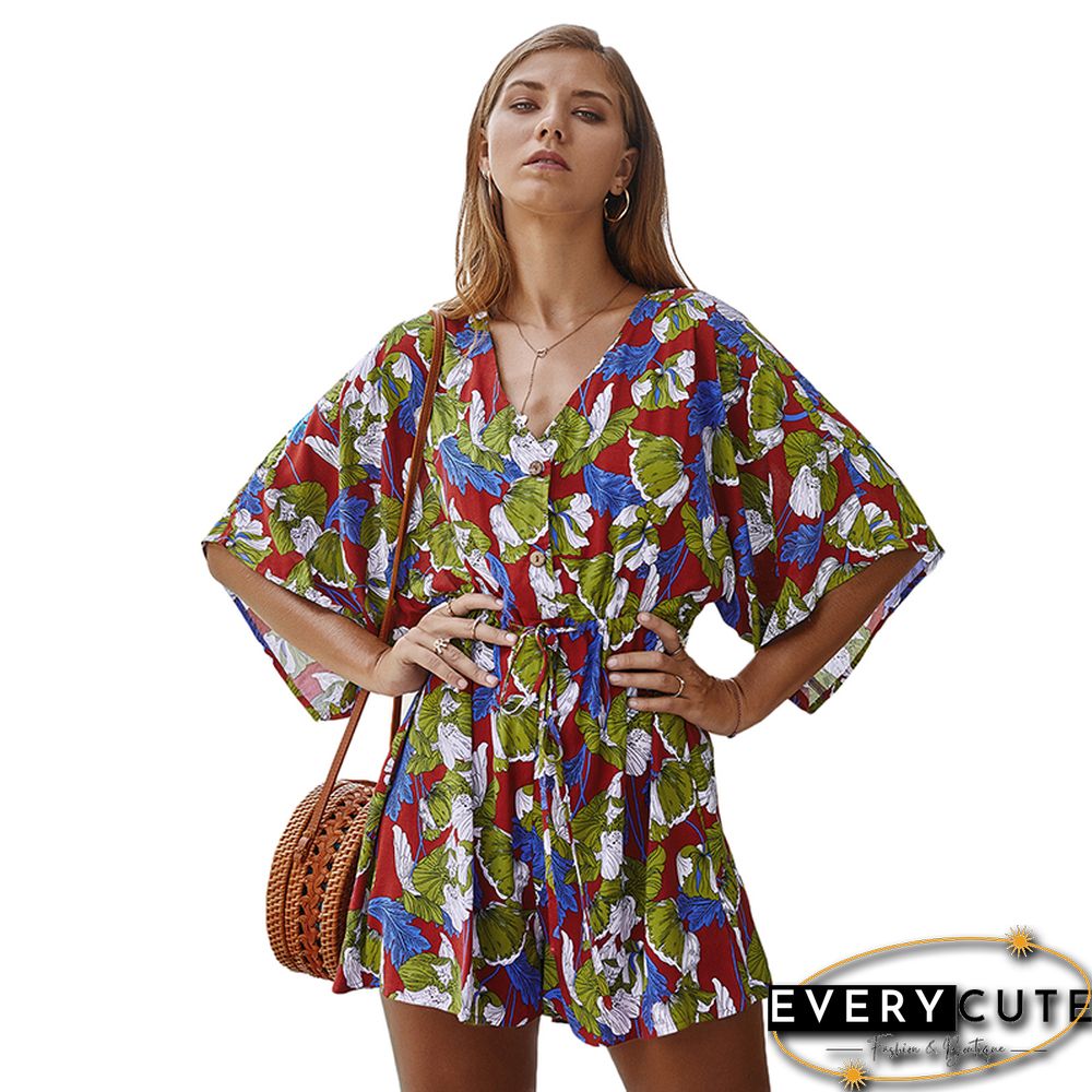V Neck Button Detail Wine Print Romper