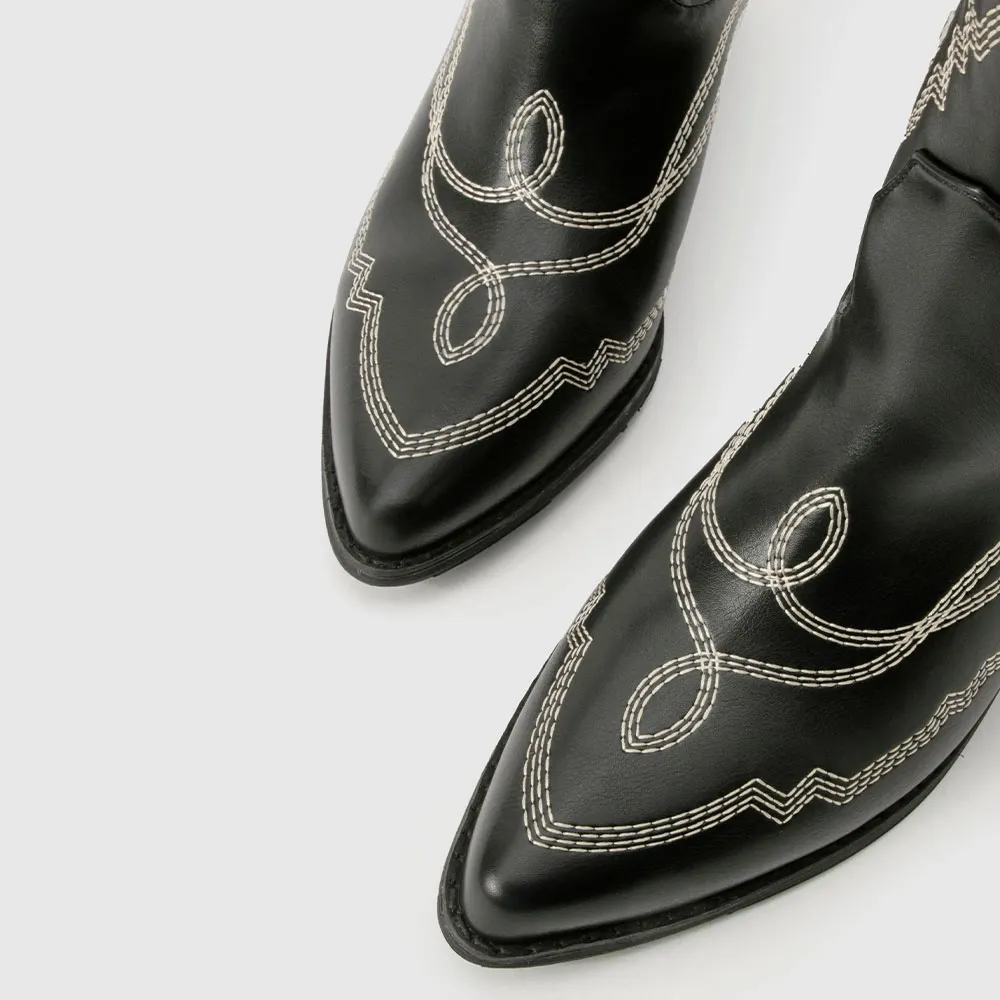 Black Pointed Toe Stitching Mid Calf Western Boots for Women